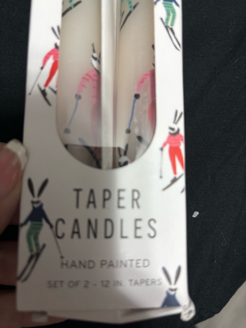 Anthropologie Hand-Painted Taper Candles - White with Ski Bunnies Motif